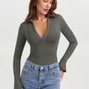 PINKMSTYLE Women Sexy V Neck Long Sleeve Bodysuit Slim Fit Ruched Going Out Y2K Top Flared Sleeve Collared Shirts Fall Outfit (Medium, Gray Green)