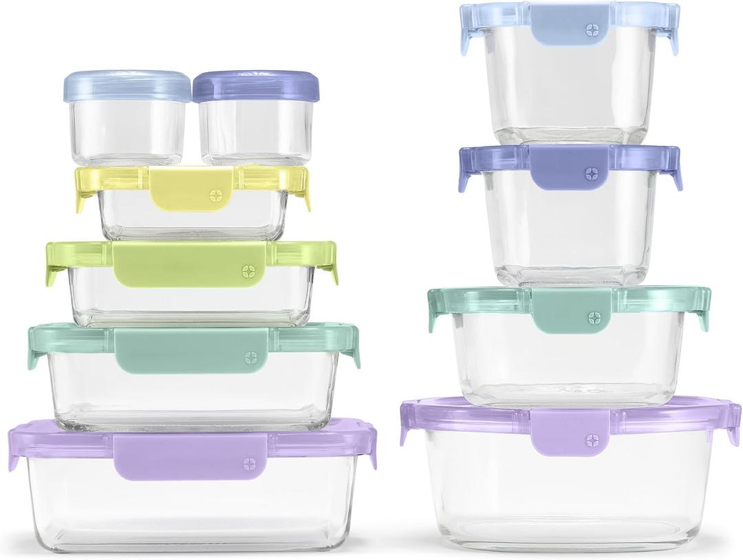 Ello Color Lock 20pc Glass Food Storage Containers with Lids, Purple Rain, 10 x Mixed
