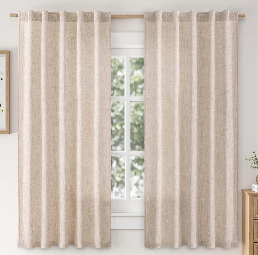 MIULEE Faux Linen Curtains 63 Inch Length 2 Panels Natural Ivory Semi Sheer Curtain with Back Tab Rod Pocket, Light Filtering Window Privacy Burlap Drapes for Living Room Bedroom 42W x 63L