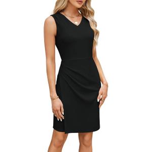 GRACE KARIN Women Wear to Work Sleeveless V-Neck Ruched Bodycon Wrap Office Party Cocktail Pencil Dresses, L