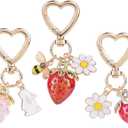 Tinoaly 3pcs Cute Strawberry Keychain, Zinc Alloy Strawberry Bag Charm Heart Rabbit Flower Key Ring Bee Fruit Key Chain Keyring for Purse Handbag Backpack