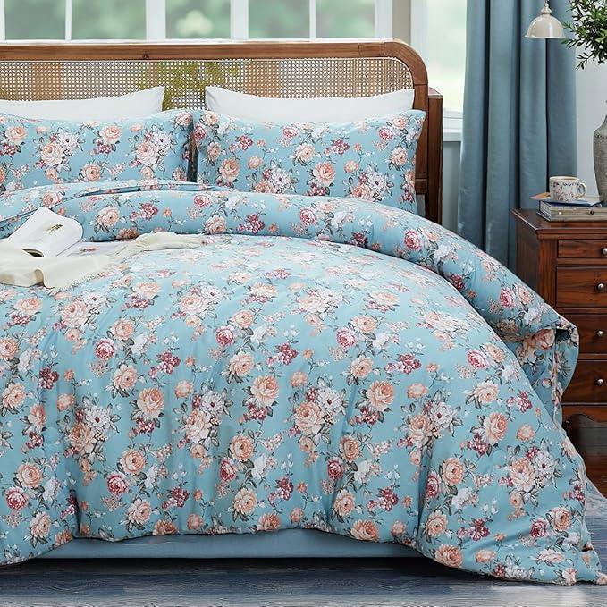 Merryword Blue Rose Floral Comforter Set King Size 100% Soft Cotton Comforter Set 3 Pieces Lightweight & Breathable All Season Cottagecore Bedding
