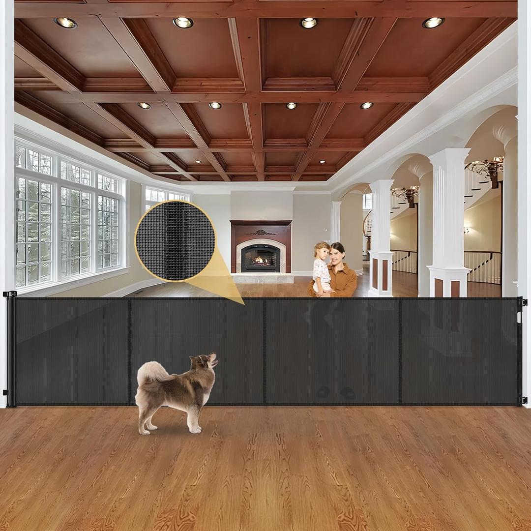 Reinforced 42" Tall Retractable Baby Gates Extra Wide Dog Gate with Support Rods - Prevent Crawling Under, 175" Extra Long Baby Gate Tall Dog Gate Indoor Retractable Fence Outdoor Garage Gate, Black