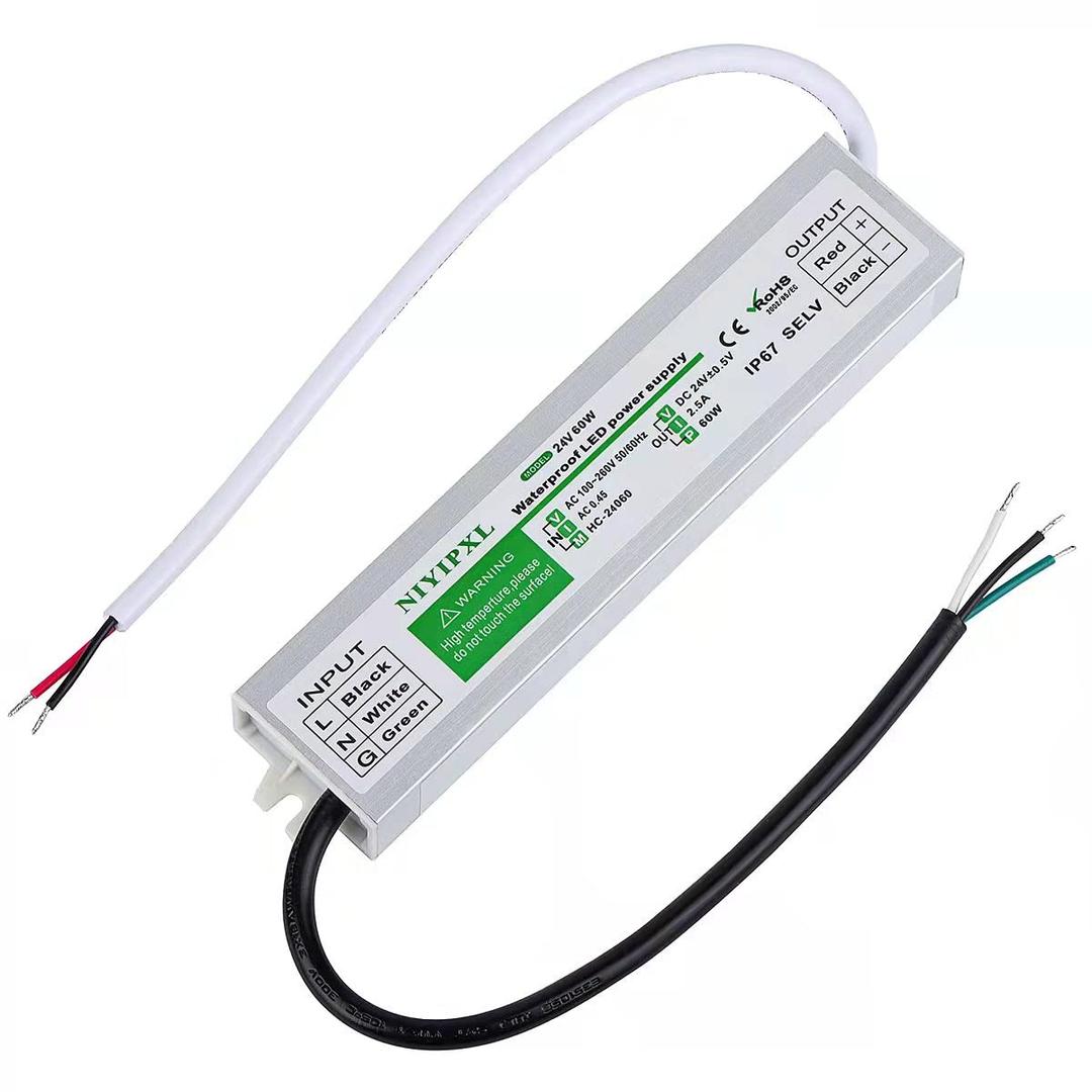 LED Driver 60W Waterproof IP67 Power Supply, 24V Transformer 90V-260V AC to DC for Strip Lights, Constant Voltage Products (1)