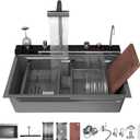 33x22 Inch 304 Stainless Steel Kitchen Sink with Pull-Out Swivel Faucet, Water Purification, Soap Dispenser Smart Digital Features, Single Bowl Double Waterfall Design, 33.518.18.66inch