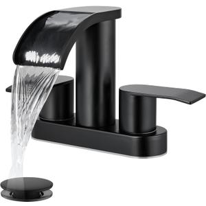 gotonovo 4 Inch Centerset Waterfall Bathroom Sink Faucet Deck Mount 2 Handle Basin Faucets 2 or 3 Hole with Pop Up Drain Included Lavatory Modern Mixer Tap Vanity Faucet Matte Black