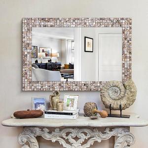 Large Wall Mirrors Decorative, 36'' x 24'' Mosaic Bathroom Mirror with Mother of Pearl Inlay, Coastal Accent Mirror for Living Room, Foyer, Mantel (Cream-white)