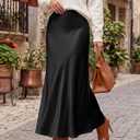 Outoshe Women's Satin High Waisted Maxi Skirts Hidden Elasticized Waistband A Line Long Skirt (Black, XL)