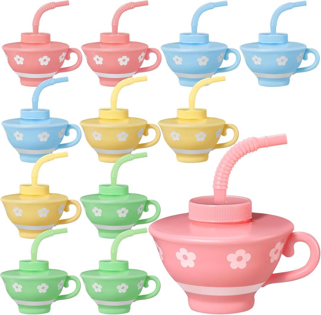 Zhehao 12 Pieces Plastic Tea Cups with Lids and Straws for Tea Party Kids, 9 oz Reusable Creative Party Cups Bulk for Birthday Baby Shower Princess Supplies