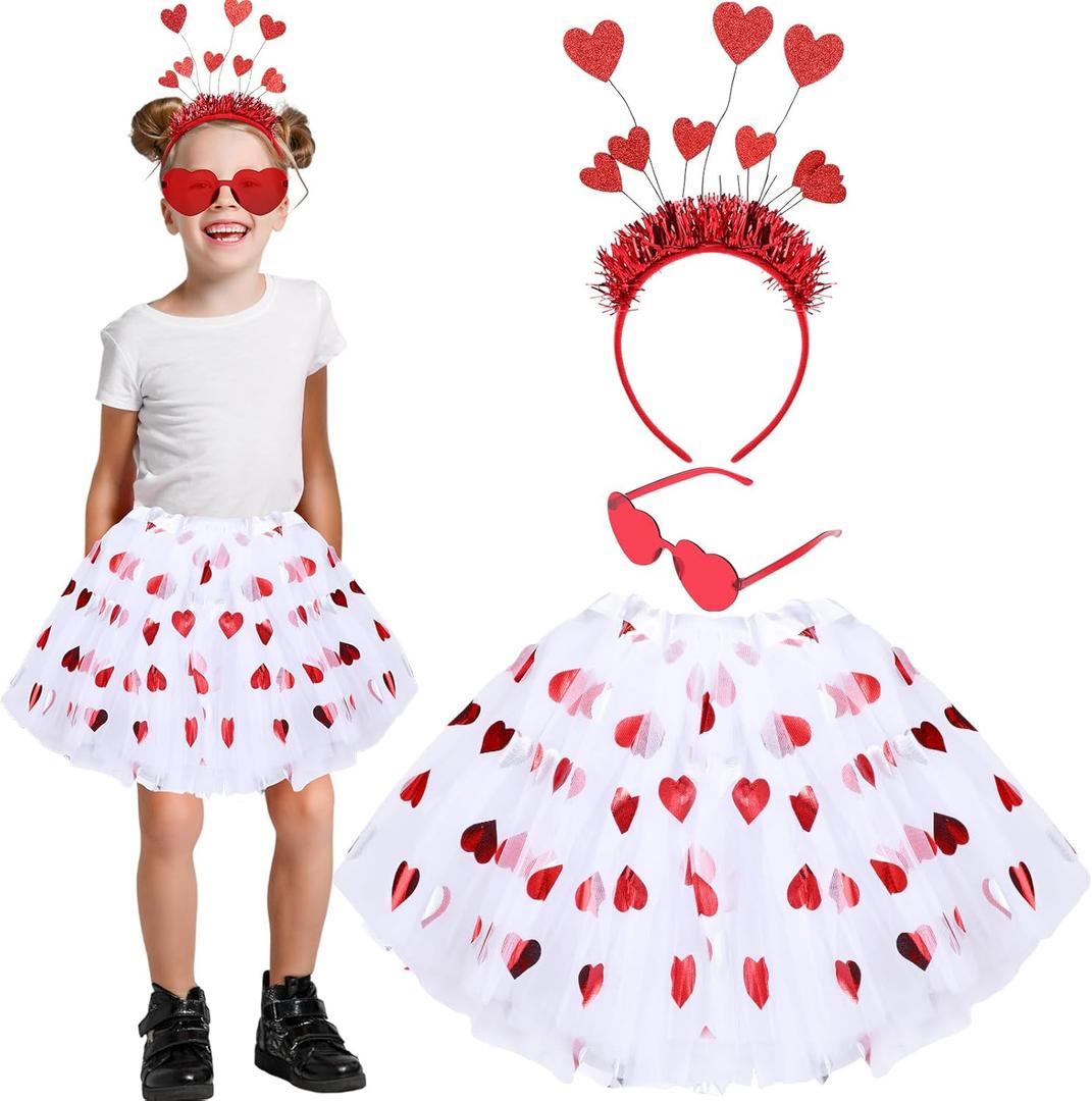 Mumufy Valentine's Day Costume Set Heart Printed Tulle Tutu Skirt Heart Headband with Sunglasses for Girls 2-8 Years