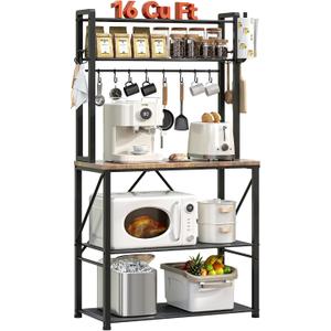 YASONIC Coffee Bar, Bakers Rack with Storage, 25.6 Inches Microwave Stand, 5 Tier Kitchen Shelves Appliance Storage, 12 S Hooks Large Coffee Station for Spices, Pots and Pans, Rustic Brown