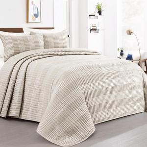HOMBYS 128x120 Seersucker Patchwork Oversized King Quilt Set, Lightweight Plaid Bedspread Coverlet Set, All Season Bohemian Home Bedding Decor with 2 Pillow Shams, Beige, Oversized King Plus-128" X 120"