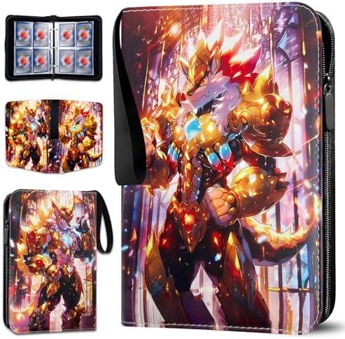 Trading Card Albums with Zipper - 4 Pocket Double Sided Collection Binder for 400 Cards, Durable Scratch-Resistant PU Cover, 3 Ring Trading Card Sleeves, Portable Organizer for MTG & Game Card (Gold)
