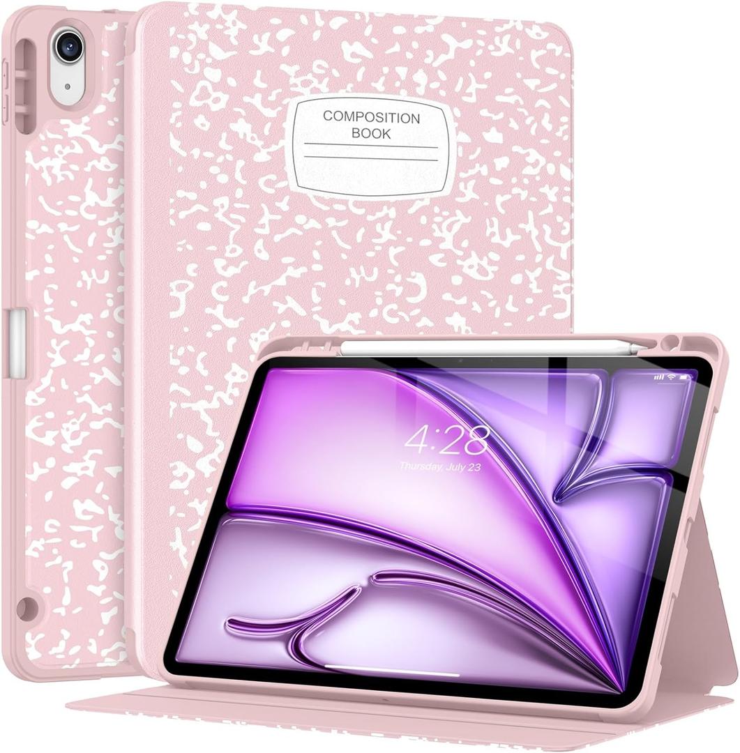 Supveco Case for iPad Air 11 Inch (M3 2025/M2 2024),iPad Air 5th/4th Generation 10.9 Inch 2022/2020 with Pencil Holder-[Auto Wake/Sleep],Premium Folio Stand Soft TPU Back Cover-Book Pink