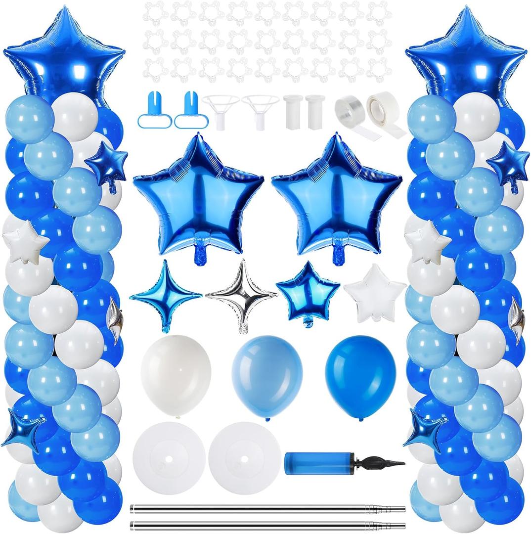 Gejoy 110 Pcs Blue White Balloons Column Stand Kit Adjustable Tower Stand from 1.4 to 6.6 ft with Bases for Graduation Wedding Birthday Baby Shower Party