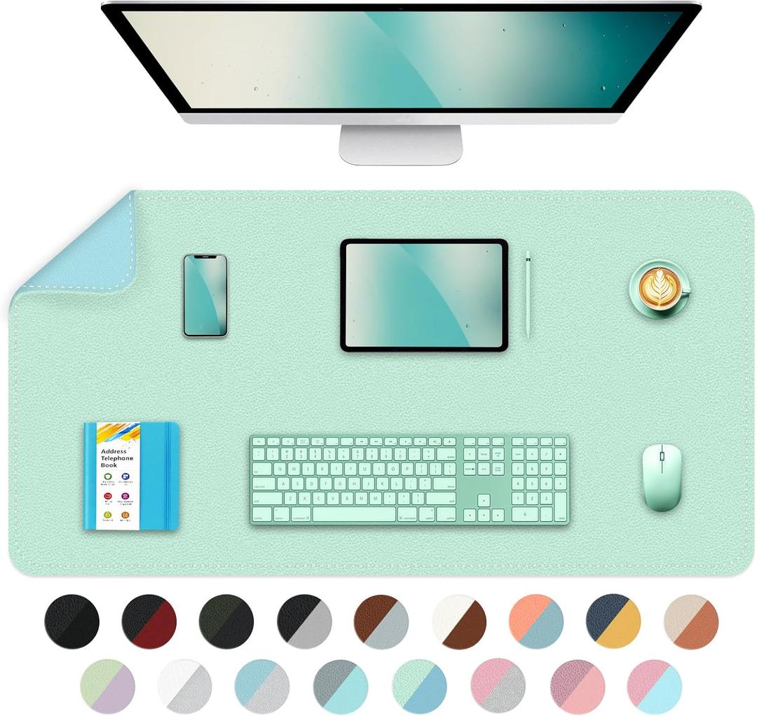 Bleswin Multifunctional Large Desk Mat, Double Sided Computer Desk pad, Extended Mouse Mat, Office Desk Protector with Waterproof PU Leather, 35.4''16.9'', Office Home Writing Pad (Lake Green+Blue)