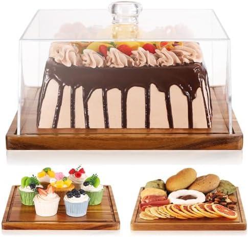 Square Cake Stand with Lid，11in Acacia Wood Cake Stand with Dome，Dessert Display Stand with Acrylic Cover for Cheese，Pie，Chips & Dips，Serving Platter with Cover for Kitchen/Party/Wedding/Birthday