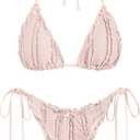 ZAFUL Women's Sexy Halter Bikini Sets Ditsy Floral Print Color Block Triangle Thong Bikini Swimsuit Two Piece Bathing Suits (Medium, 4-light Pink)