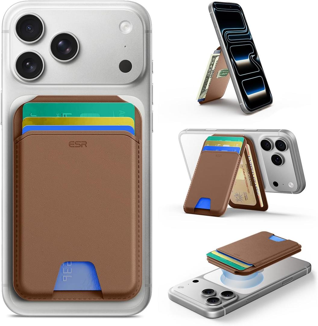 ESR Upgraded for MagSafe Wallet, 5 Card Holder, RFID Blocking, Magnetic Wallet for iPhone with Adjustable Stand, Slim for iPhone 17/16/15/14/13/12 Series, Not for 13/12 Mini, Brown