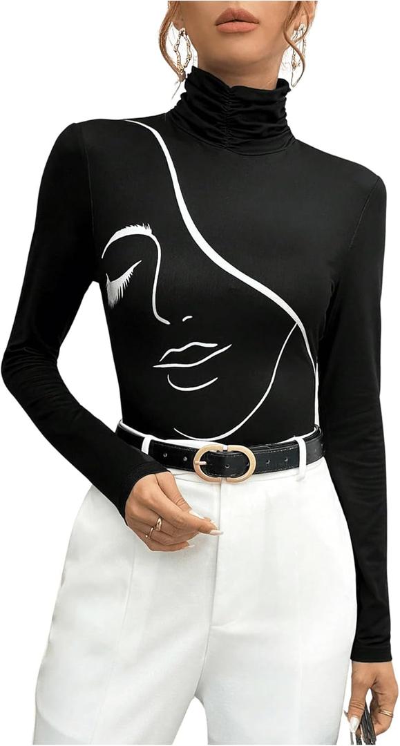 MakeMeChic Women's Graphic Print Tee Shirts High Neck Long Sleeve Slim Fit Shirt Tops (Medium, Black)