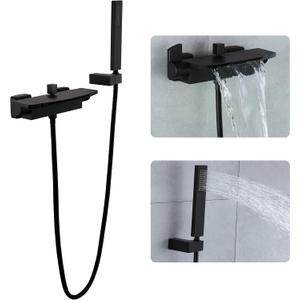 Wall Mount Tub Filler Matte Black Waterfall Tub Faucet with Sprayer, Brass Bathtub Wall Faucets with Hand Shower, High Flow Tub Spout, Bath Tub Faucet Set 2 Handles - JIAENLEMA Wall Mount Tub Filler Matte Black Waterfall Tub Faucet with Sprayer, Brass Bathtub Wall Faucets with Hand Shower, High Flow Tub Spout, Bath Tub Faucet Set 2 Handles - JIAENLEMA
