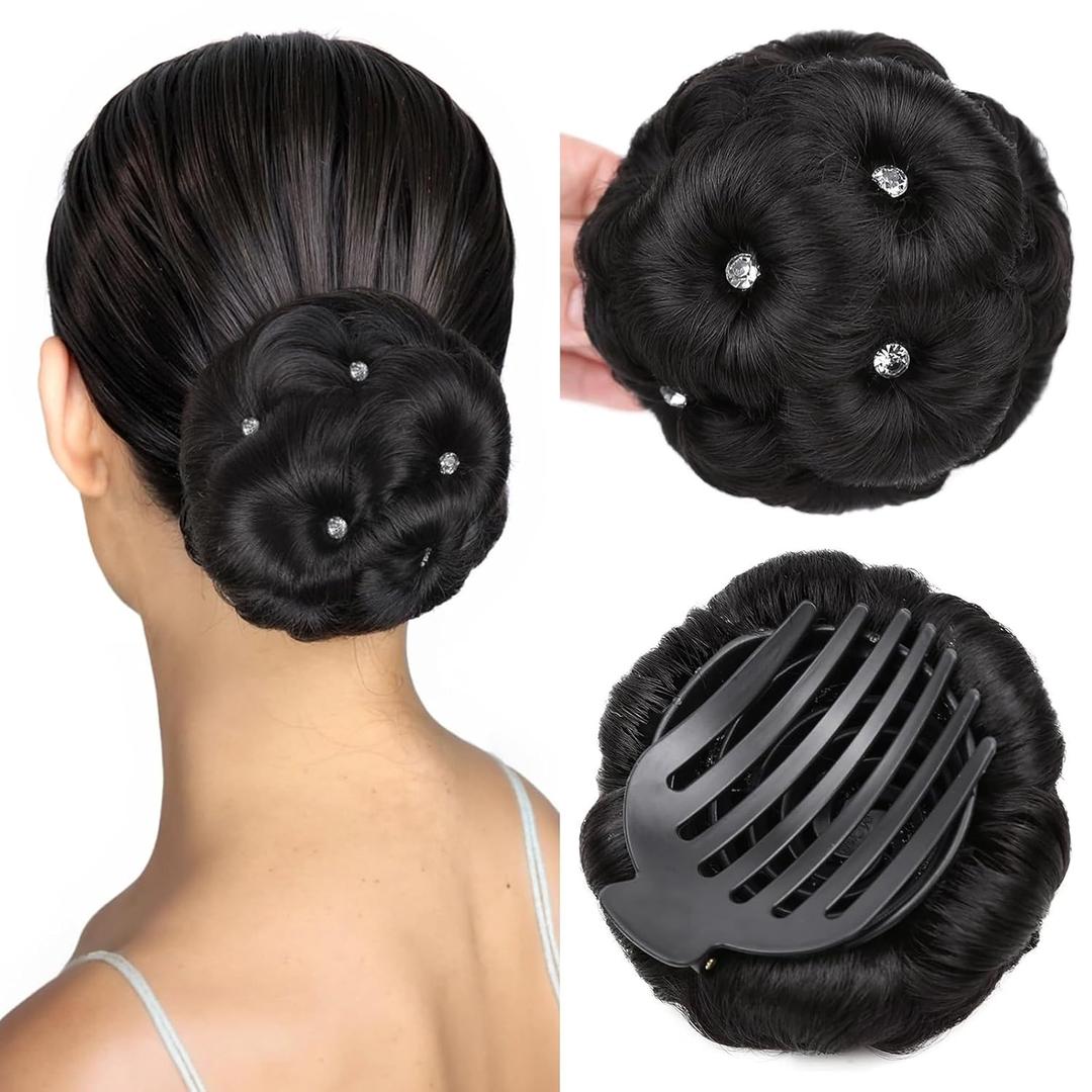 HANNE Clip in Fake Hair Bun for Women Black Chignon with Rhinestone Synthetic Tress Claw In Ponytail Hair Extension Updo Hairpiece Hair Buns Hair Piece (Black Chignon with Rhinestone)