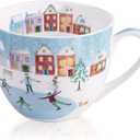 Christmas Skating Mug - 20 oz Bone China Winter Coffee Mugs with Snowy Village, Perfect Holiday and Birthday Gifts for Friends and Family - Designed in England by Harvest Green Studio