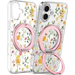 Loheckle for iPhone 16 Case - Compatible with MagSafe Stand Women Girls Cute Clear Girly Aesthetic Kawaii Unique Design Soft TPU Built-in Magnetic Stand Phone Cover for Apple 16, Flower Bear
