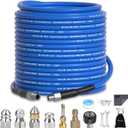 NIFUAL Sewer Jetter Kit 150FT for Pressure Washer,5800PSI Drain Cleaner Hose for 1/4 Inch NPT Corner Rotating and Button Nose, Sewer Jetting Nozzle Pearl Corsage Pin Waterproof Tape with 2 Spanner