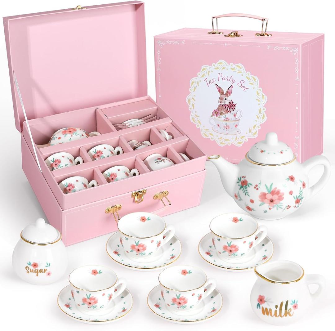 Porcelain Tea Set for Girls, Tea Party Set for Little Girls, Kids Tea Set Kitchen Pretend Play, Princess Tea Time Playset with Teapot Cups Carry Case, Toddler Girl Toys Birthday Gifts Age 3+