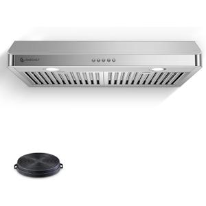 AMZCHEF Under Cabinet Range Hood 30 Inch, 750CFM Stainless Steel Kitchen Stove Vent Hood 3 Speed Exhaust Fan Button Control LED lights Dishwasher-Safe Baffle Filters Three Outlet Design