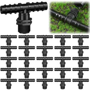 25 Pack 1/2" Inch Drip Irrigation Connectors MNPT Adapter Tee Hydroponics Barbed Connector Fitting Line Connectors for Drip Sprinkler Garden Systems
