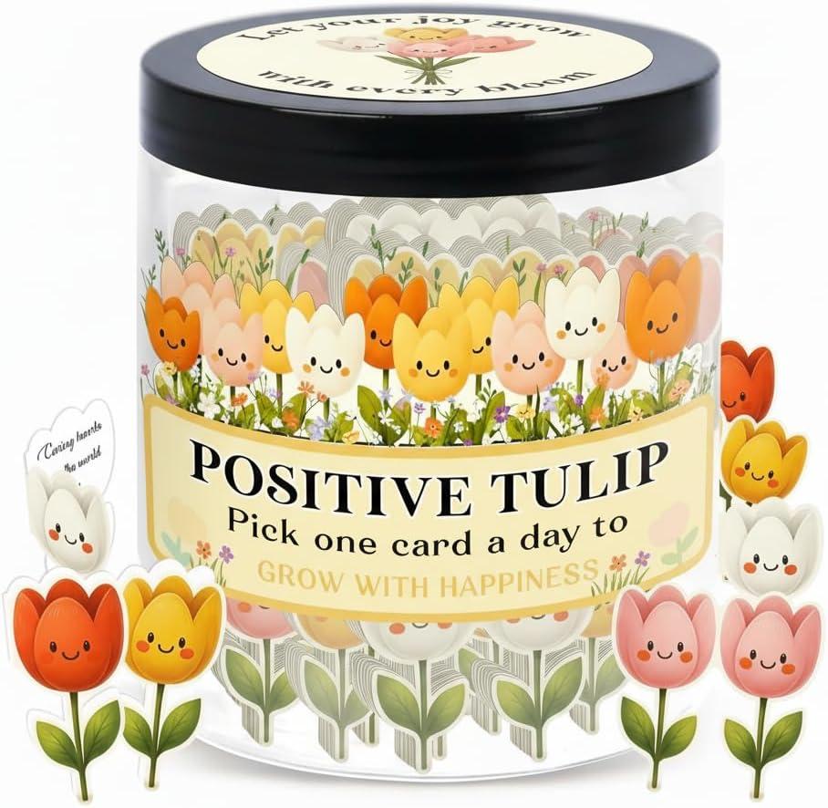 Positive Tulip Jar with 60 Affirmation Cards, Inspirational Gifts and Teacher Desk Decor, Tulips Flowers Themed Gift for Women, Stress Relief and Daily Positivity, Staff Appreciation Gifts
