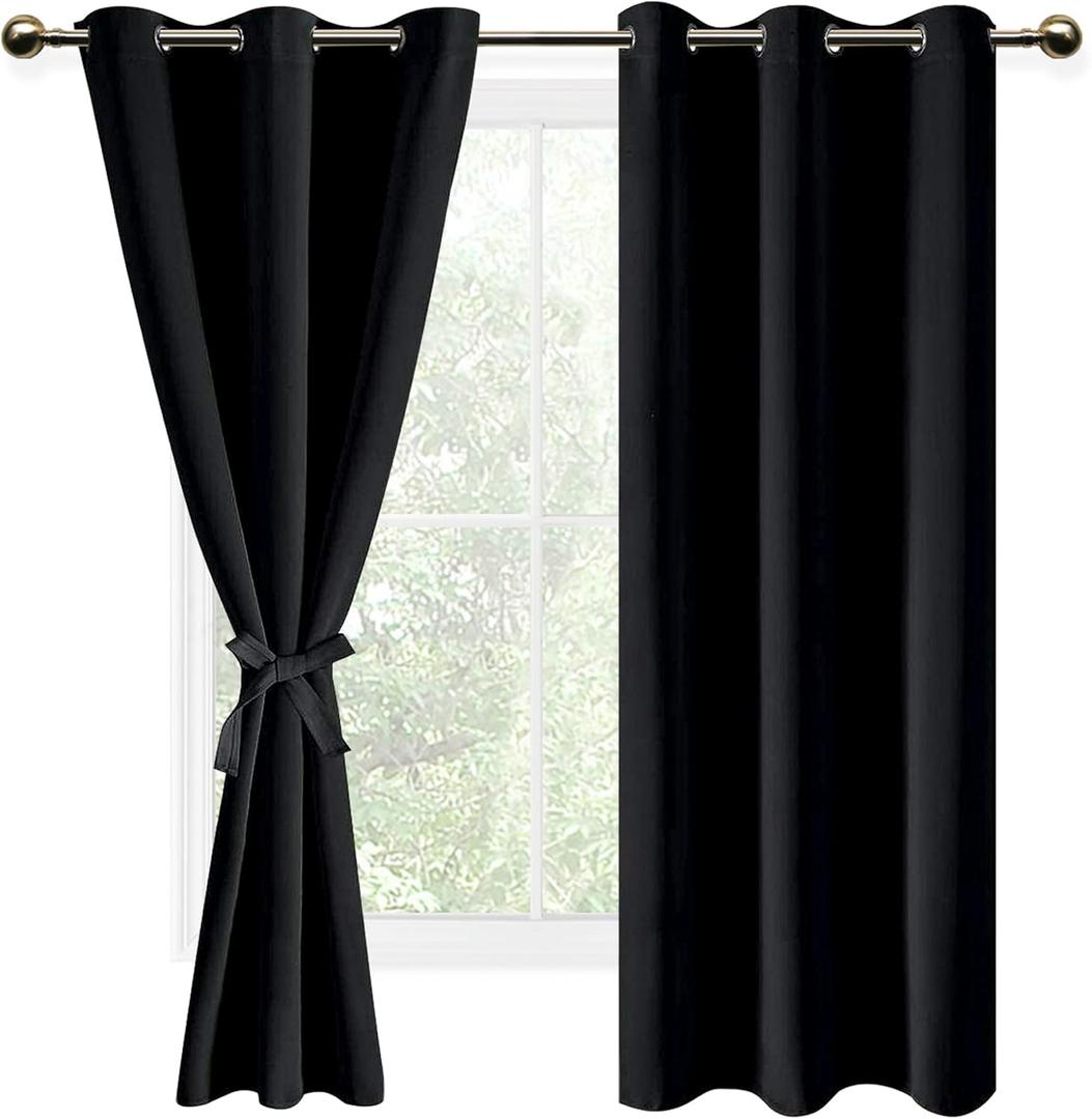 DWCN Black Blackout Curtains for Bedroom Sewn with Tiebacks - Thermal Insulated Light Blocking Grommet Window Curtains for Living Room, 42 x 63 inch Length, Set of 2 Drape Panels