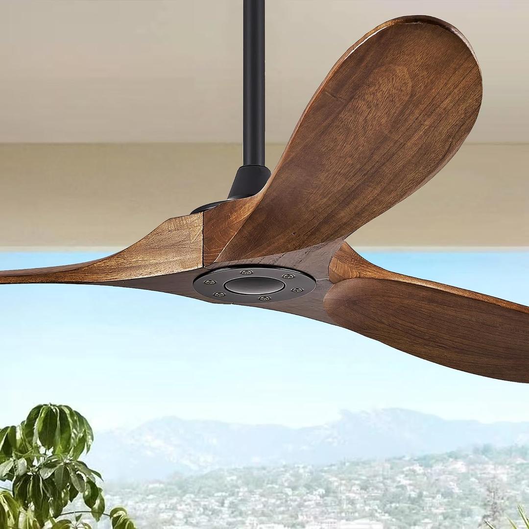 Haipeel 52 Inch Outdoor Ceiling Fan Without Light, 3 Blade Propeller Wood with Remote Control, Rustic Reversible Quiet Outdoor Fan for Patios Farmhouse Sunroom, Damp Rated&ETL Listed, Dark Walnut
