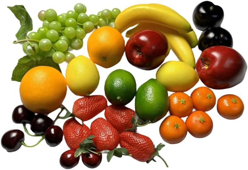27pcs Fake Mixture Fruits for Home Decor Artificial Fruit Decorations Faux Artificial Lemon Grapes Banana Orange Red Apple Black Plum Fake Strawberry Plastics Cherry
