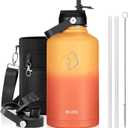BUZIO 128oz Gallon Water Bottle, Insulated Water Jug with Straw Lid and Carrying Sleeve (Cold for 48 Hrs) Stainless Steel Hydro Metal Canteen Water Flask, Yellow Orange