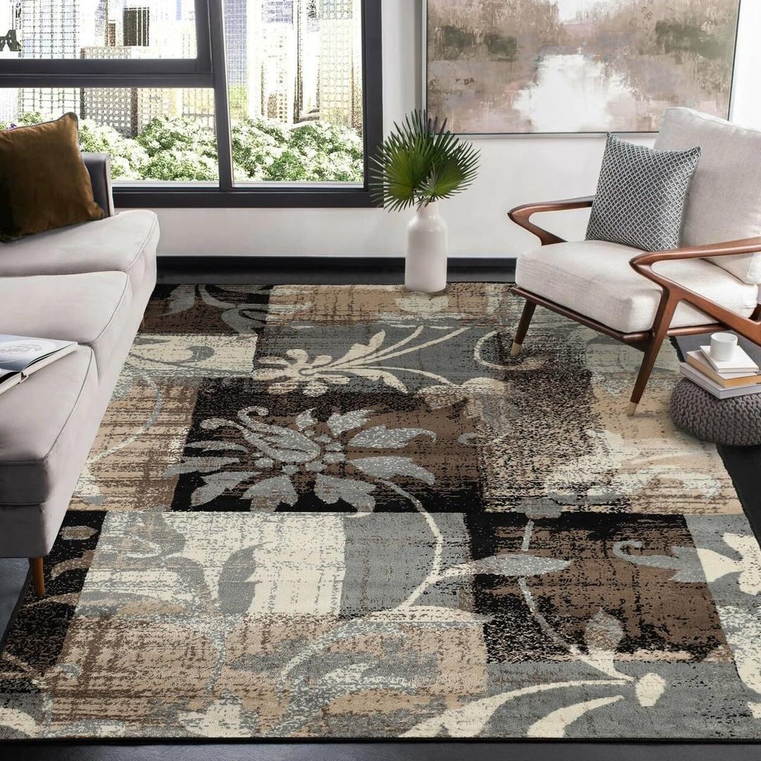 Superior Indoor Area Rug, Jute Backed, Perfect for Office, Living/Dining Room, Bedroom, Kitchen, Hallway, Entryway, Floor, Modern Floral Patchwork Decor, Pastiche Collection, 8' x 10', Beige