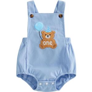 Suolongsama Baby Boy Birthday Outfit Animal One Embroidery Sleeveless Romper Backless Bodysuit Cake Smash Cute Summer Clothes (12-18 Months, Blue)