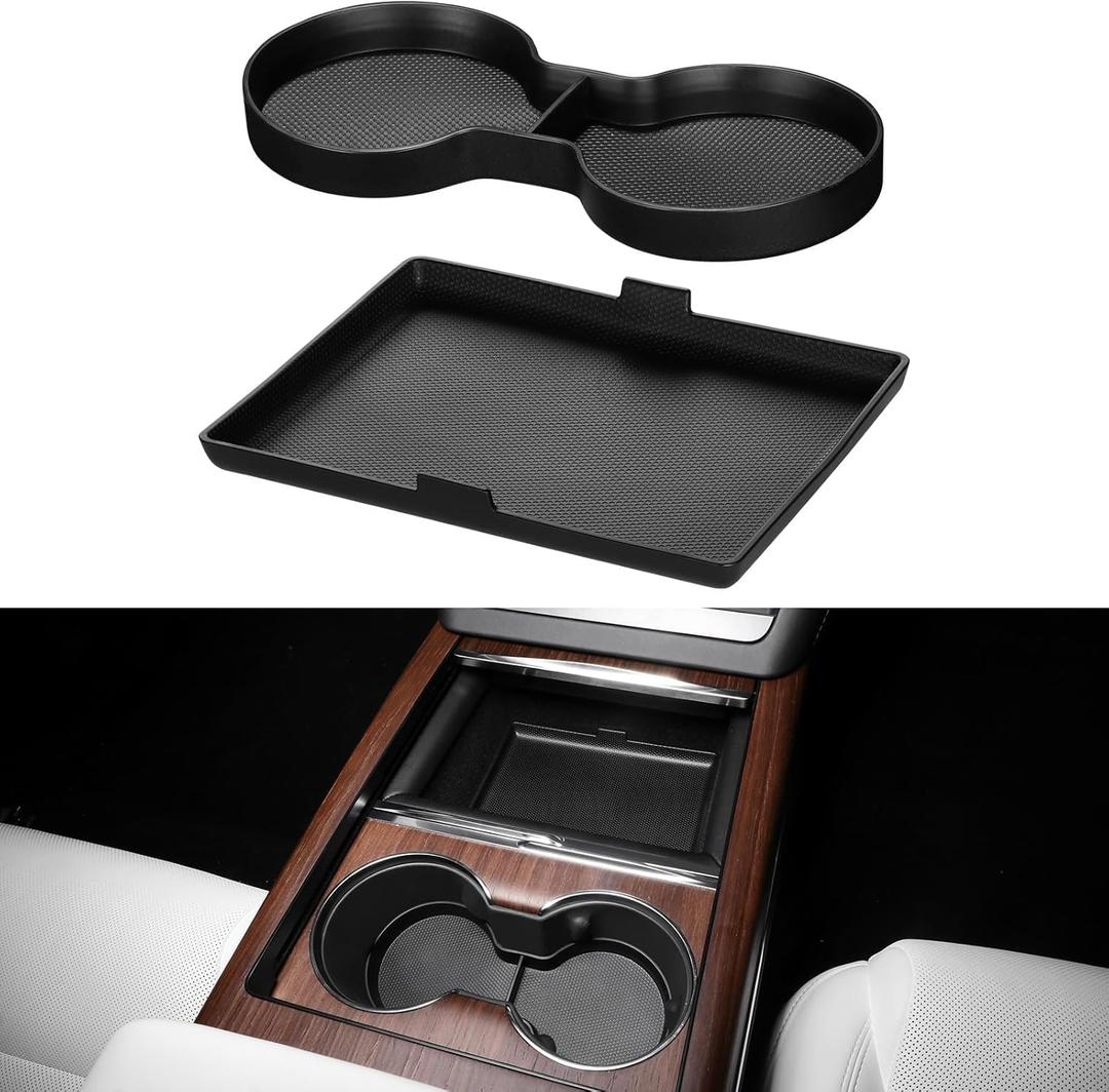 BASENOR 2022-2026 Tesla Model S Model S Plaid Model X Model X Plaid Center Console Storage Organizer Box Tray Pad TPE Cup Holder Insert Mat [Proprietary Design] for Tesla Interior Accessories (2 PCS)