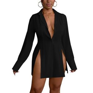 LYANER Women's Button Down Shirt Dress Collared Long Sleeve Sexy Tops Slit Hem Shirts Black X-Large