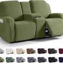 KinCam Loveseat Recliner Covers with Middle Console Slipcover, Recliner Sofa Covers 2 Seat Couch Cover Stripe Jacquard Furniture Protector Covers with Elastic Bottom for Kids, Pets(Olive Green)