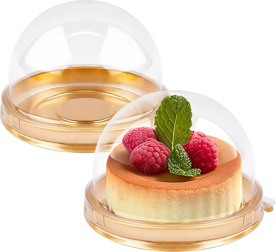 Zezzxu 50 Pack Mini Cake Containers, Clear Plastic Small Cupcake Boxes with Dome Lids for Individual Chocolate Covered Cookies, Strawberry, Mooncake (Gold)