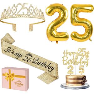 25th Birthday Decorations for Women Gold with 25th Birthday Sash and Crown, Cake Topper and Candles, Number Balloons, 25 Year Old Gifts for Women