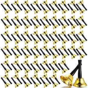 Fumete 100 Pcs Metal Ringing Bells Wedding Dinner Service Call Steel Handbells with Wooden Handle for Wedding Decors Schools Musical Percussion The Sick Elderly Alert(Gold)