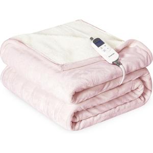 Heat Blanket 50x60 Throw,Soft Flannel & Sherpa Reversible Electric Blanket with 10 Heat Settings,12 Timer Setting and 3 Hours Auto-Shut Off,ETL Certified Machine Washable,Pink