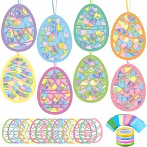 DoubleFill 48 Pcs Easter Egg Suncatchers Craft Kits DIY Easter Tissue Paper Suncatchers Bulk Stained Glass Effect, Spring Window DIY Art Crafts for Home Activities Party Decoration Favor