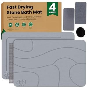 ZEN-ECO 4Pcs Stone Bath Mat - No Smell Quick Dry Diatomaceous Earth Bath Mat - Super Absorbent Diatomite Stone BathMat Non-Slip, Easy to Clean 1xStone &1xFoldable Mat, 2xStone Dishes 23.5×15.5"