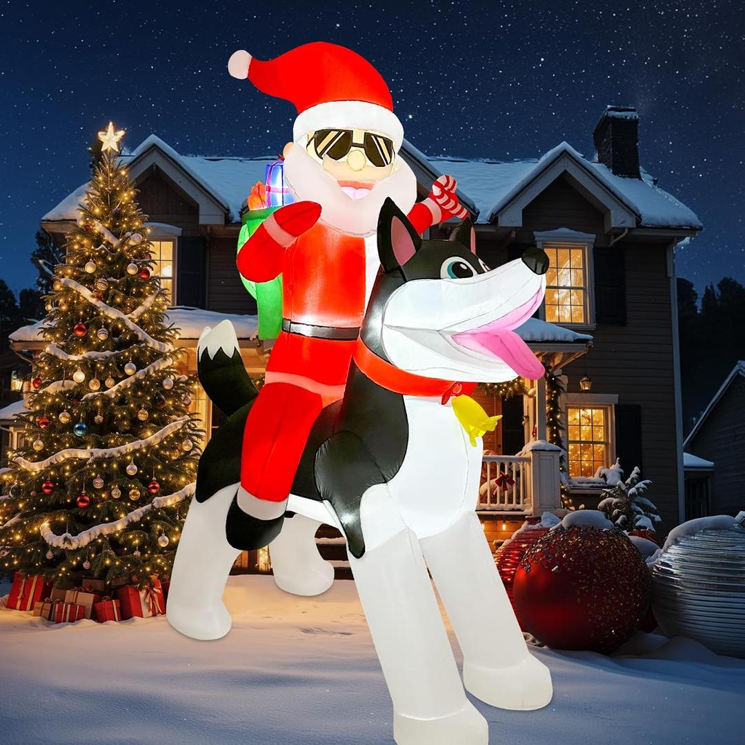OurWarm 8FT Christmas Inflatable Decoration, Santa Claus Riding a Husky Inflatable Toy with LED Lights, Fun Yard Inflatable Decoration, Blow up Xmas Decor for Lawn Patio Garden Yard Decor