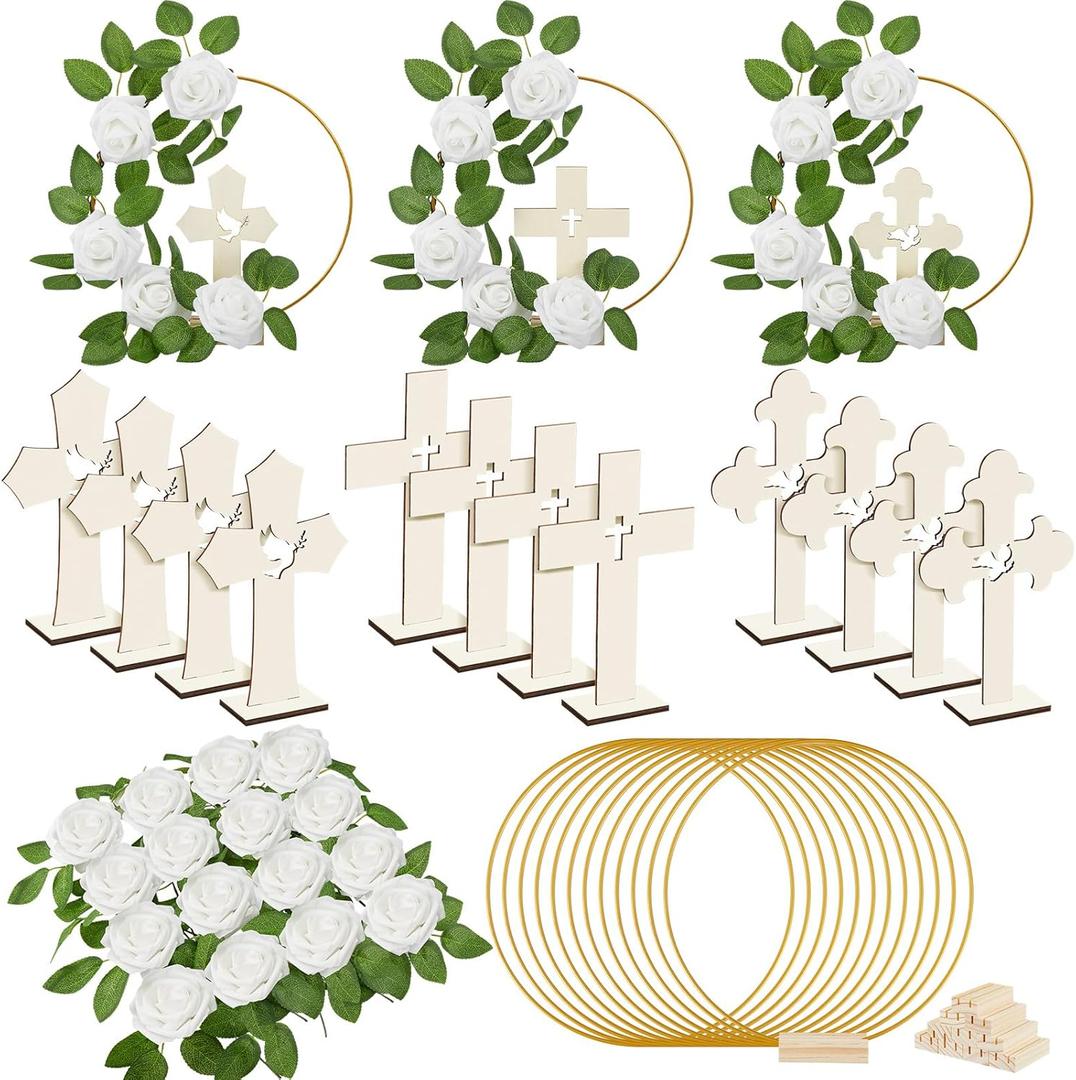 Wesiti 48 Pcs Baptism Centerpiece First Communion Table Decoration 12 Wood Cross 12 Floral Hoop with Stand 24 Foam Rose with Stem for Baptism Baby Shower Wedding(Wood and White, Stylish)